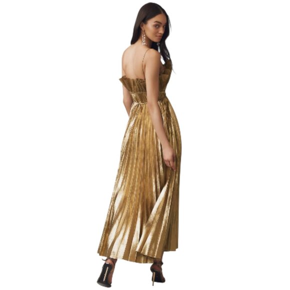 ANTHROPOLOGIE ACLER GOLD METALLIC DRESS LONG MAXI CHIC WEDDING SIZE MEDIUM - Picture 2 of 4